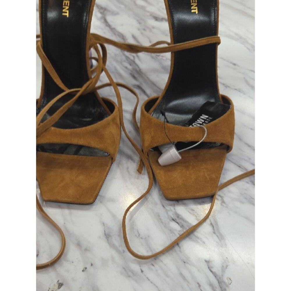 Saint Laurent Tan Suede Lace-Up Sandal with Lilac Block Heel - Picture 6 of 9